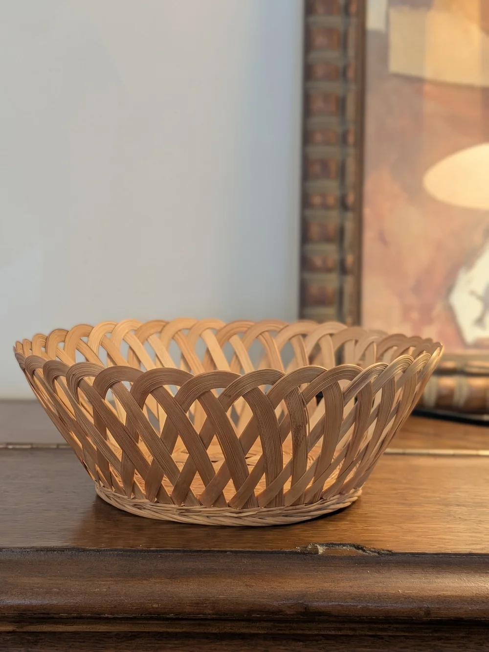Natural Woven Bamboo Open Weave Lattice Bowl Basket